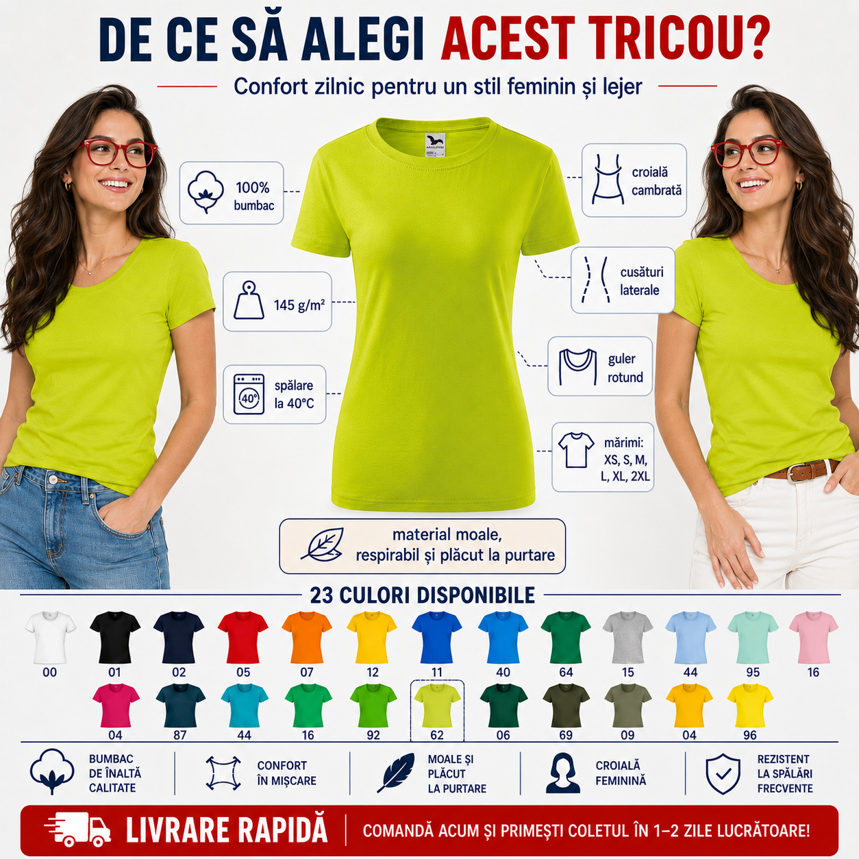 Tricou damă Malfini 133 Classic New 100% bumbac, guler rotund, croială cambrată și 23 de culori disponibile